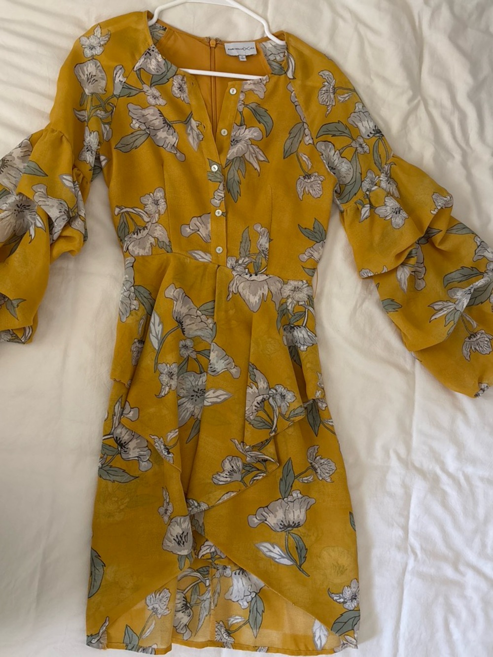Floral Button-Front Casual Dress in Mustard Yellow